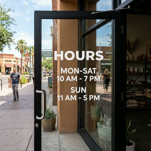 Professional vinyl store hours lettering on a glass storefront door in Phoenix